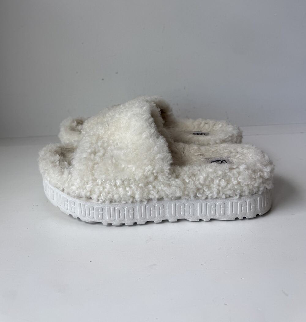 Ugg Womens Sheepskin Fluffita Platform Slide On Sandals White Size 9